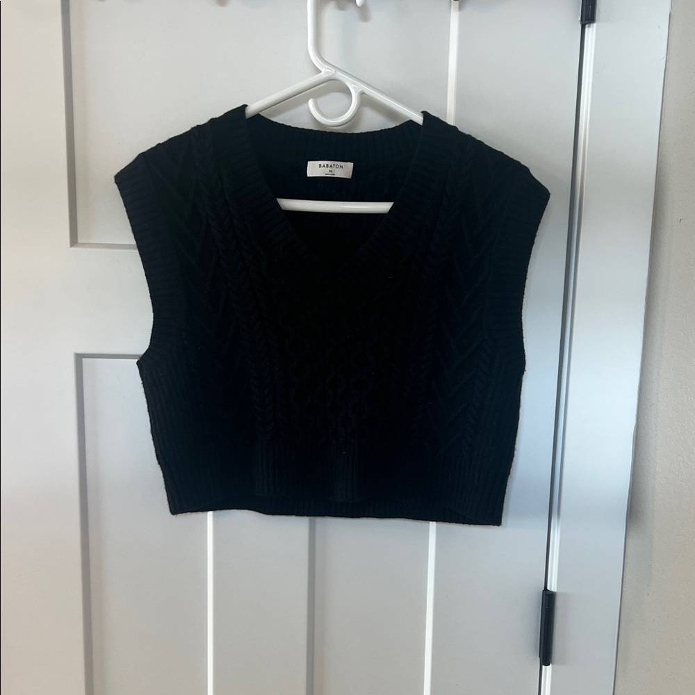 Babaton 100% Merino Wool Cropped Sweater Black Cable Knit XS
